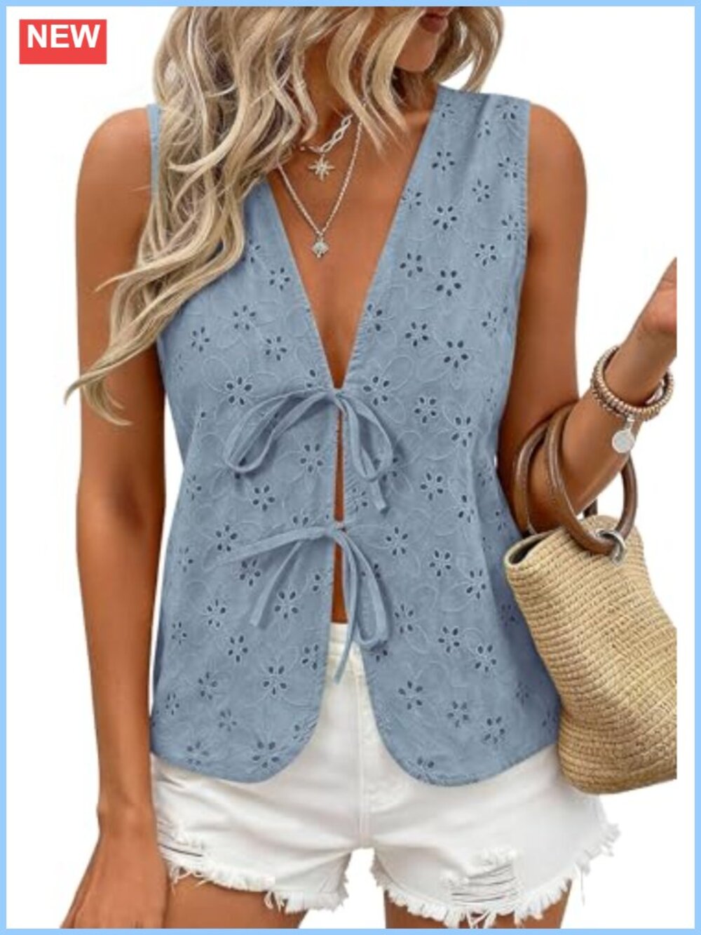 Eyelet Lace Tie Front Vest Tank Top Sleeveless V-Neck Summer Blouse